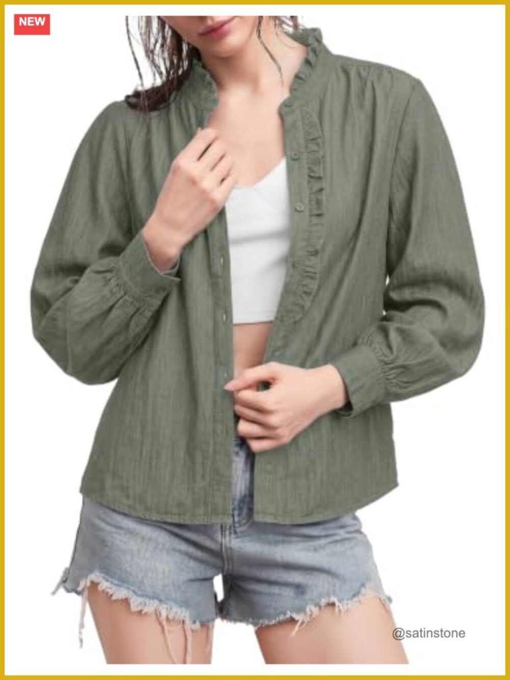 Ruffle Collar Button Down Blouse Long Sleeve Relaxed Fit Fall Top